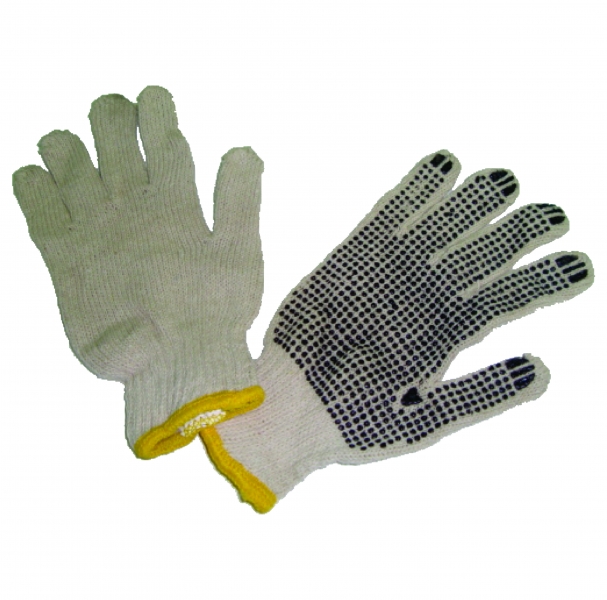 Luvas de seguran�a, tricotadas com fios de algod�o e poli�ster, revers�veis e sem costuras, revestidas nas palmas com pigmentos em PVC.