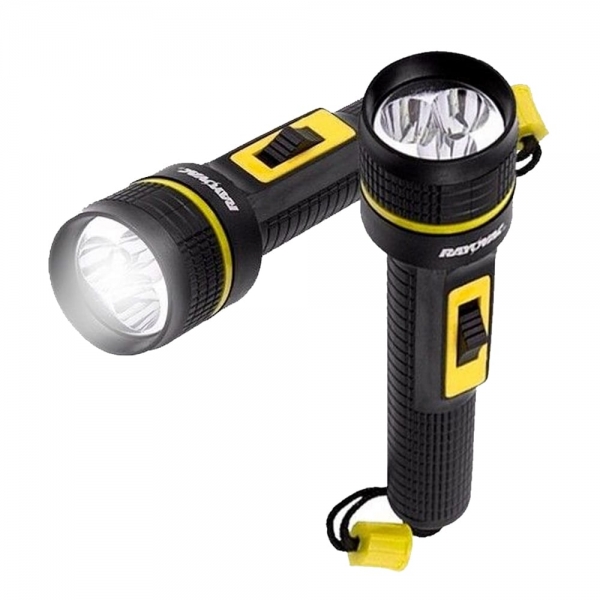 Lanterna de borracha da marca Rayovac com 3 lampadas de led com grande capacidade de luminosidade.